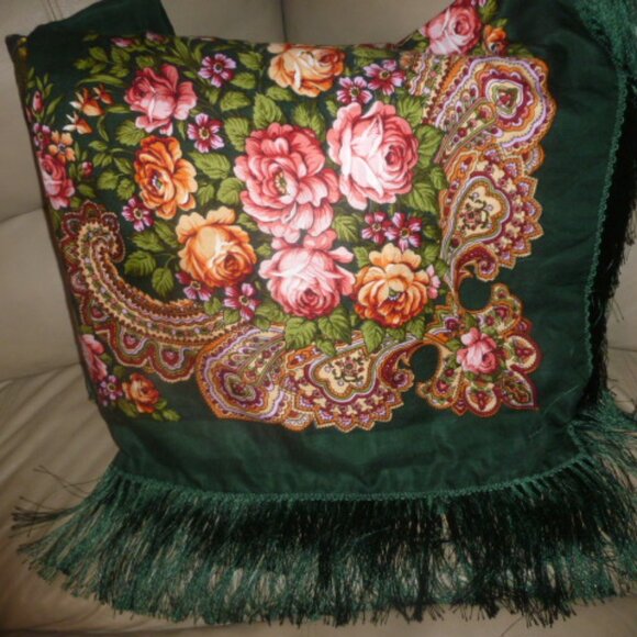 🌺🌿 Colorful Authentic Russian-Style Wool Blend Fringe Shawl 🌿🌺 - Picture 10 of 16